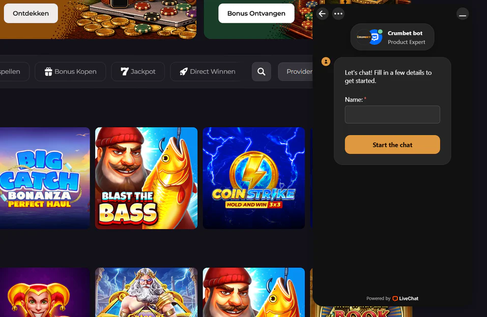 Crumbet Casino klantenservice met livechat en formulier om contact op te nemen